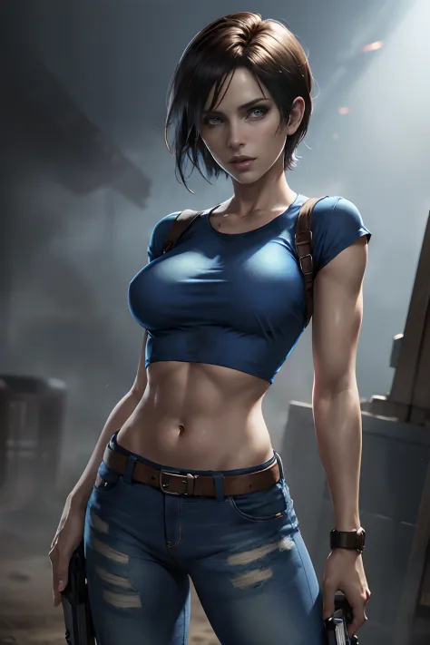 Cowboy shot of jill valentine, short hair, blue top, jean pant, resident evil,  zombie apocalypse background