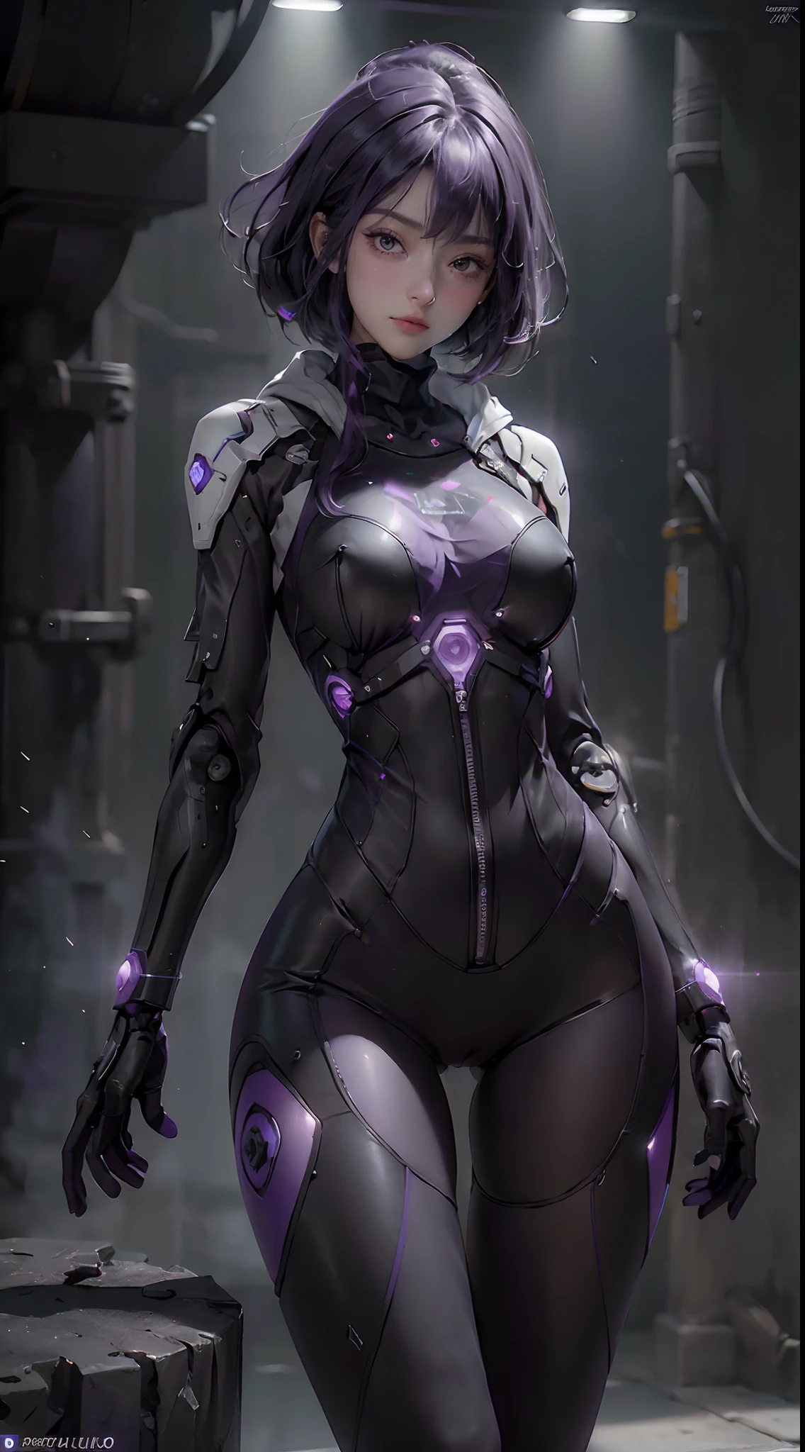 ((of the highest quality)), ((masterpiece)), (detail:1.4), (((Translucent black material with mechanical parts and transparent skin and beautiful woman in cybernetic suit made of gray carbon material))), (((Pale brightness with LEDs))), ((open chest)), Skin of the hips and thighs, Teletype (High Dymanic Range), ray tracing, NVIDIA RTX, Super resolution, Textured PBR subsurface dispersion, Post-processing, Anisotropy Filtering, Depth of fields, Surface shading, Accurate light simulation/Material interactions, perfect proportions, two-color illumination, wide opening, Low ISO, white balance, 8k, (((camel toe))), NSFW, (((tall woman))), 25 year old woman, Cyber helmet with dull and bright LEDs, up to the knee, boss, puffy nipple, ((Cyber hood with dull and bright LEDs)), open stance, cowboy shot, Skin of the hips and thighs, beautiful body, Navel visible on bare skin, Chest to feel gravity, (huge breasts: 1.3), (gigantic butt: 1.0), Simple and minimalist space, Natural sexy poses, Looking down, hair over one eye, (((beautiful very long hair))), (((purple hair))), (((Independence of hair color))),unreal engine:1.4,UHD,The best quality:1.4, photorealistic:1.4, skin texture:1.4, masterpiece:1.8,