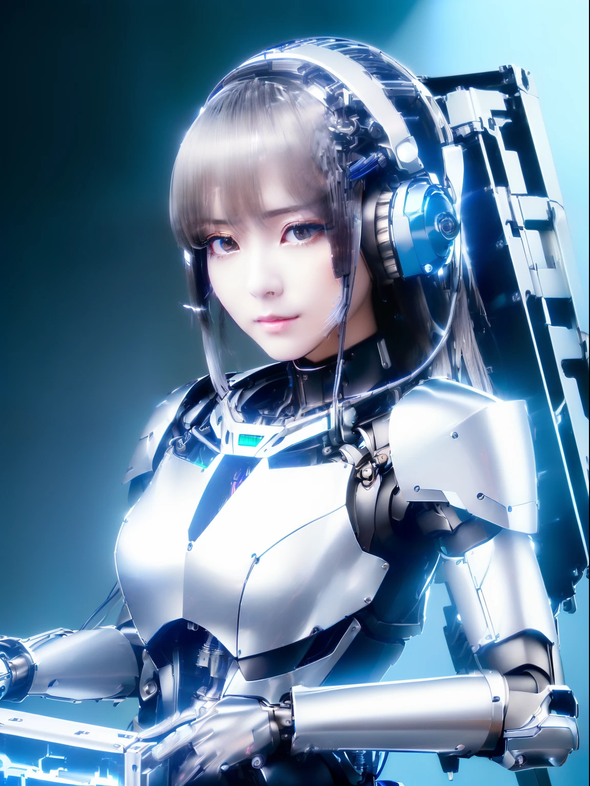 ((masutepiece)), ((top-quality), high quarity、ultra-definition, Realistic,  fulcolor 、One beautiful robot woman、Joints of machines、Frame of the machine、Thick wire joints、White porcelain mechanical armor、(Curvaceous face)、deadpan、straight haired、((Electronic substrate))、Sit in the box of the machine、sideways Facing、head gear、plug