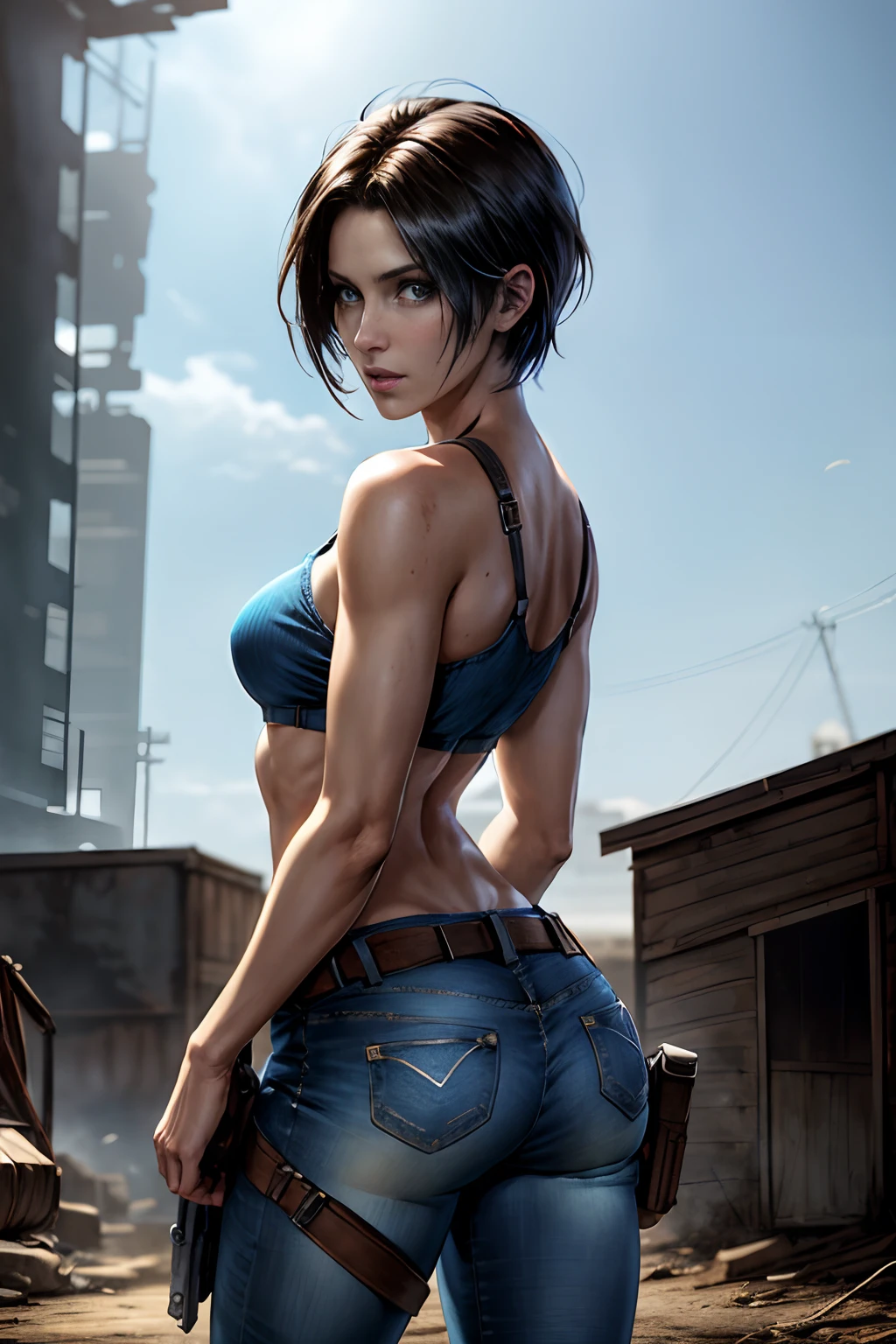 Photo de cowboy de Jill Valentine, Cheveux courts, haut bleu, jean pant, vue arrière, style grand angle, Resident Evil,  fond d&#39;apocalypse zombie