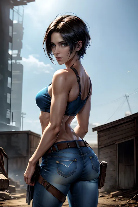 Cowboy shot of jill valentine, short hair, blue top, jean pant, backview, wide angle style resident evil,  zombie apocalypse bac...