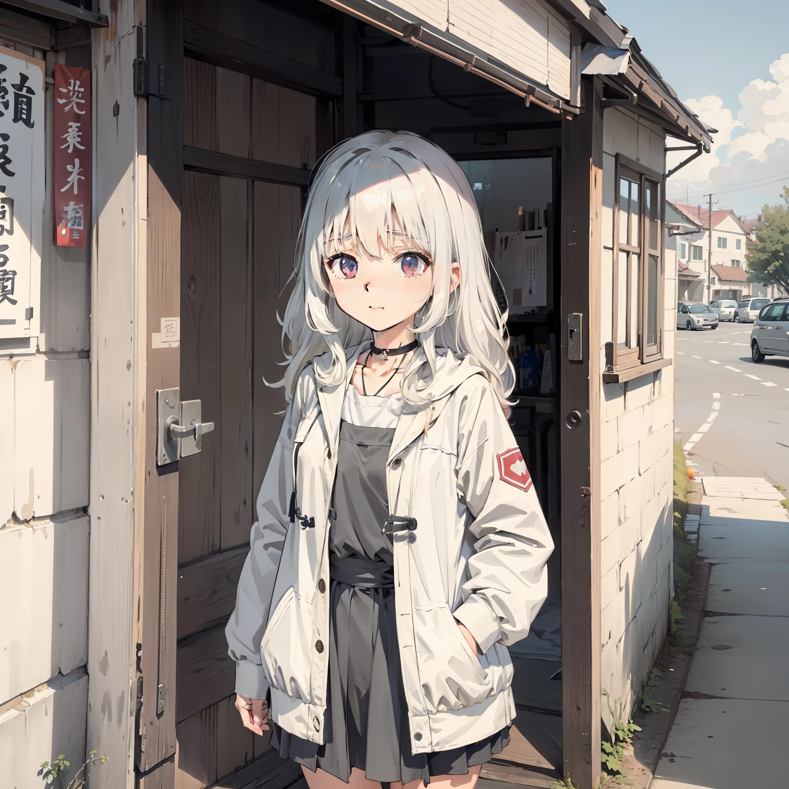 1girll, Medium breasts, Blonde hair, Long hair, Wavy hair, With gray eyes, Outdoors, White jacket, choker necklace, vests, one-girl，Loli,elementary student，独奏, (with short white hair:1.2),