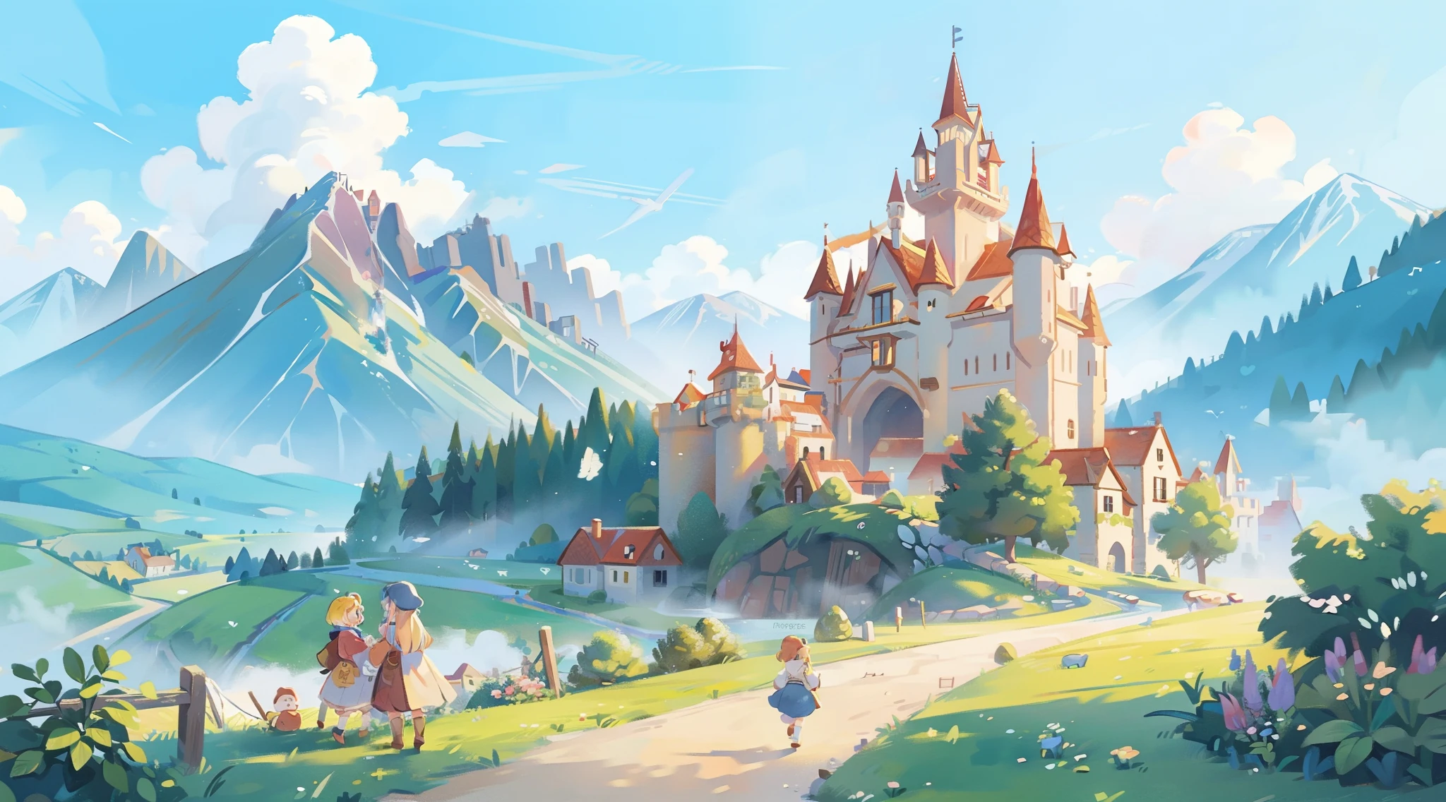 ((picture book illustration)), fantasy landscape, watercolor illustration, whimsical, warm colors, fairytale castle and village, ((princess castle)), fairytale medieval style houses, ((masterpiece)), highly detailed environment