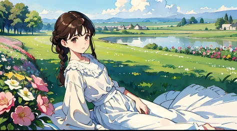 (Watercolor in Sargent style)、(top-quality、​masterpiece)、Soft light、View of the Cotswolds,Old farmhouse、rivulets、flower bloom、One lady、dark brown hair、Braided hair、White blouse and long skirt、picnic、Blown by the rising wind、