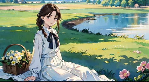 (Watercolor in Sargent style)、(top-quality、​masterpiece)、Soft light、View of the Cotswolds,Old farmhouse、rivulets、flower bloom、One lady、dark brown hair、Braided hair、White blouse and long skirt、picnic、Stand up、blown by the wind、