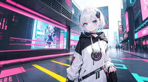 An AI girl named Suno, youtube banner, vtuber, idol, short white hair, wearing a black and white tomboyish futuristic outfit, anime, cheerful, smiling, cyberpunk anime girl in hoodie, in the corner of image, playing game, futuristic background