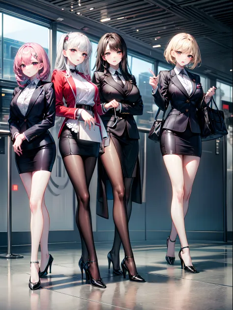 masterpiece, best quality, official art, extremely detailed, 3girls, flight attendant, high heels, airport