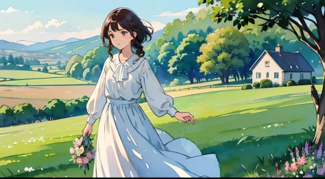 (Watercolor in Sargent style)、(top-quality、​masterpiece)、Soft light、View of the Cotswolds,Old farmhouse、rivulets、flower bloom、One lady、dark brown hair、Braided hair、White blouse and long skirt、picnic、is standing、blown by the wind、