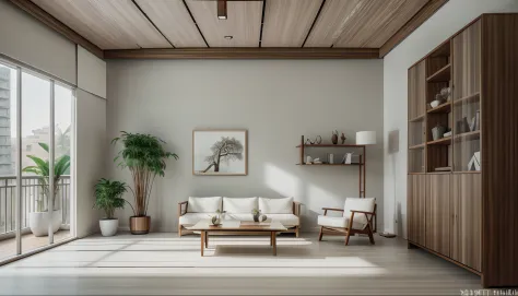 Modern luxury living room, (modern style), light brown and white, (ceiling fan:1.3), (wooden bookshelf:1.3), in the style of enchanting lighting, (tree and plants in balcony behind:1.2), soft atmospheric light, hard-edged lines ultra realistic, masterpiece...