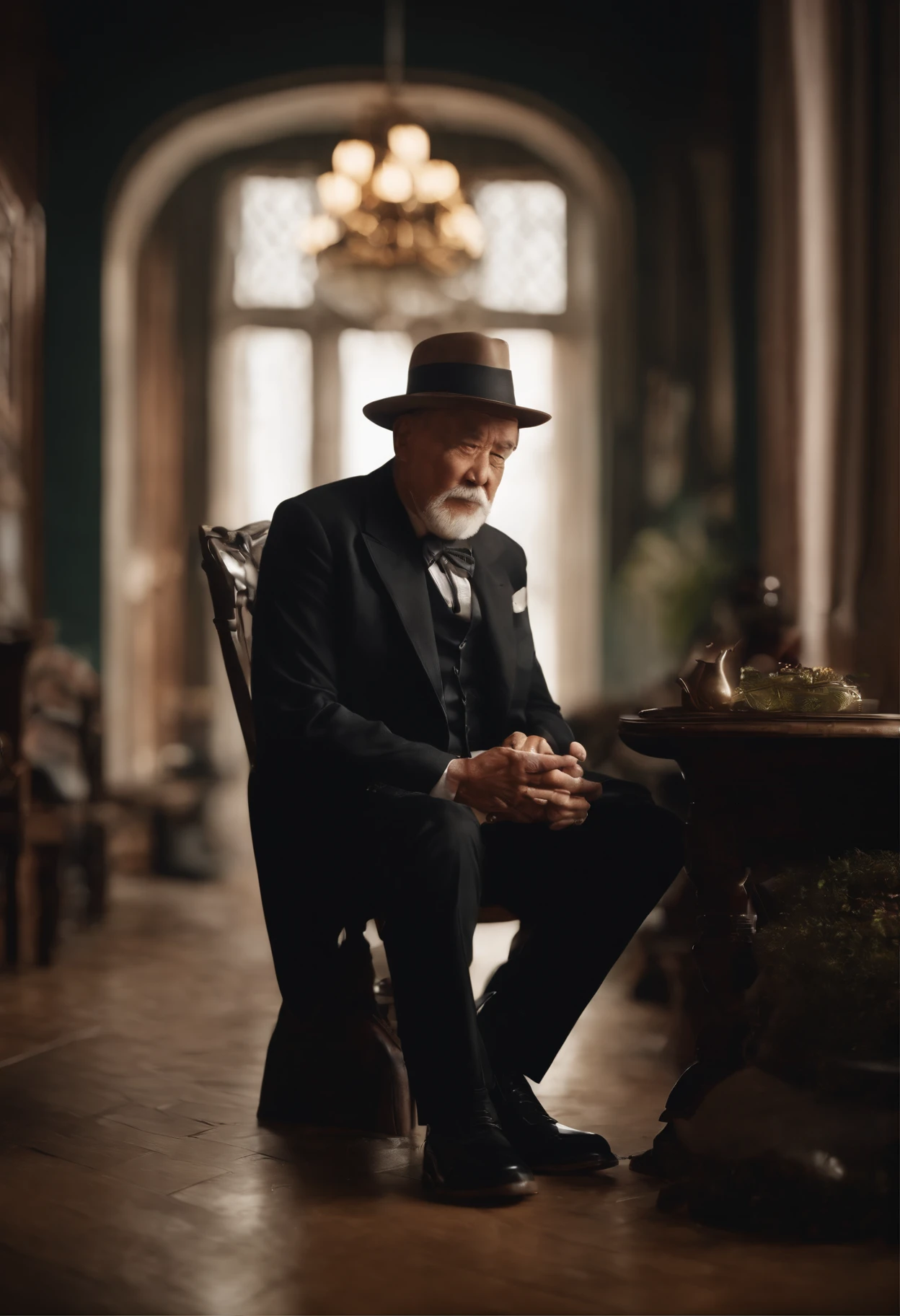 Old gentleman with a goatee，sit on chair，Eyes look at boots，Black high-gloss rain boots, 8K分辨率,Wallpaper masterpiece，Best quality，Highly meticulous，Ultra high quality，The midday sun is a bit dazzling。