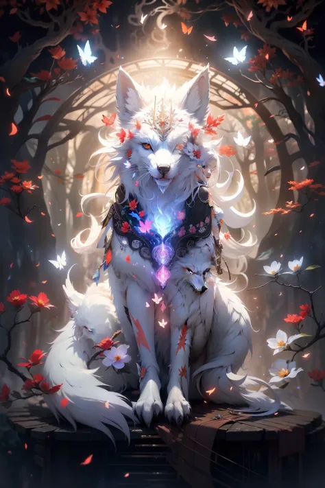 The white nine-tailed fox sits on a branch，White hair all over，Nine tails，The branches have flowers，There are butterflies，A mystical environment，Intricately Hyper detailing, Background of the night, 32K, HD, unity, High resolution, best quality, masterpiec...