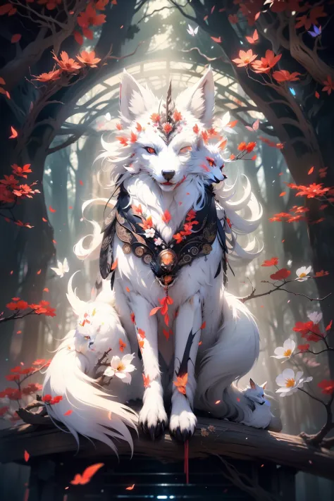 The white nine-tailed fox sits on a branch，White hair all over，Nine tails，The branches have flowers，There are butterflies，A mystical environment，Intricately Hyper detailing, Background of the night, 32K, HD, unity, High resolution, best quality, masterpiec...