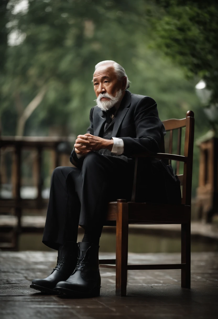 Old gentleman with a goatee，sit on chair，Black high-gloss rain boots, 8K resolution,Wallpaper masterpiece，Best quality，Highly meticulous，Ultra high quality，The midday sun is a bit dazzling。