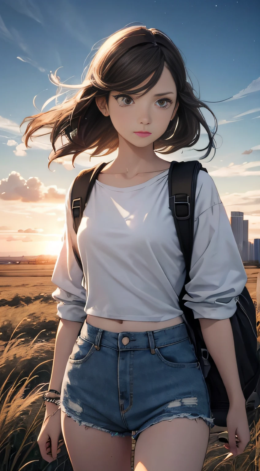 Le vaste ciel, belle ligne d&#39;horizon, grandes prairies, des images extrêmement tendues et dramatiques, effets visuels en mouvement, Polaris suspendu en hauteur, éblouissement naturel coloré. Une fille portant un haut à manches longues et un short en jean avec un sac à dos latéral