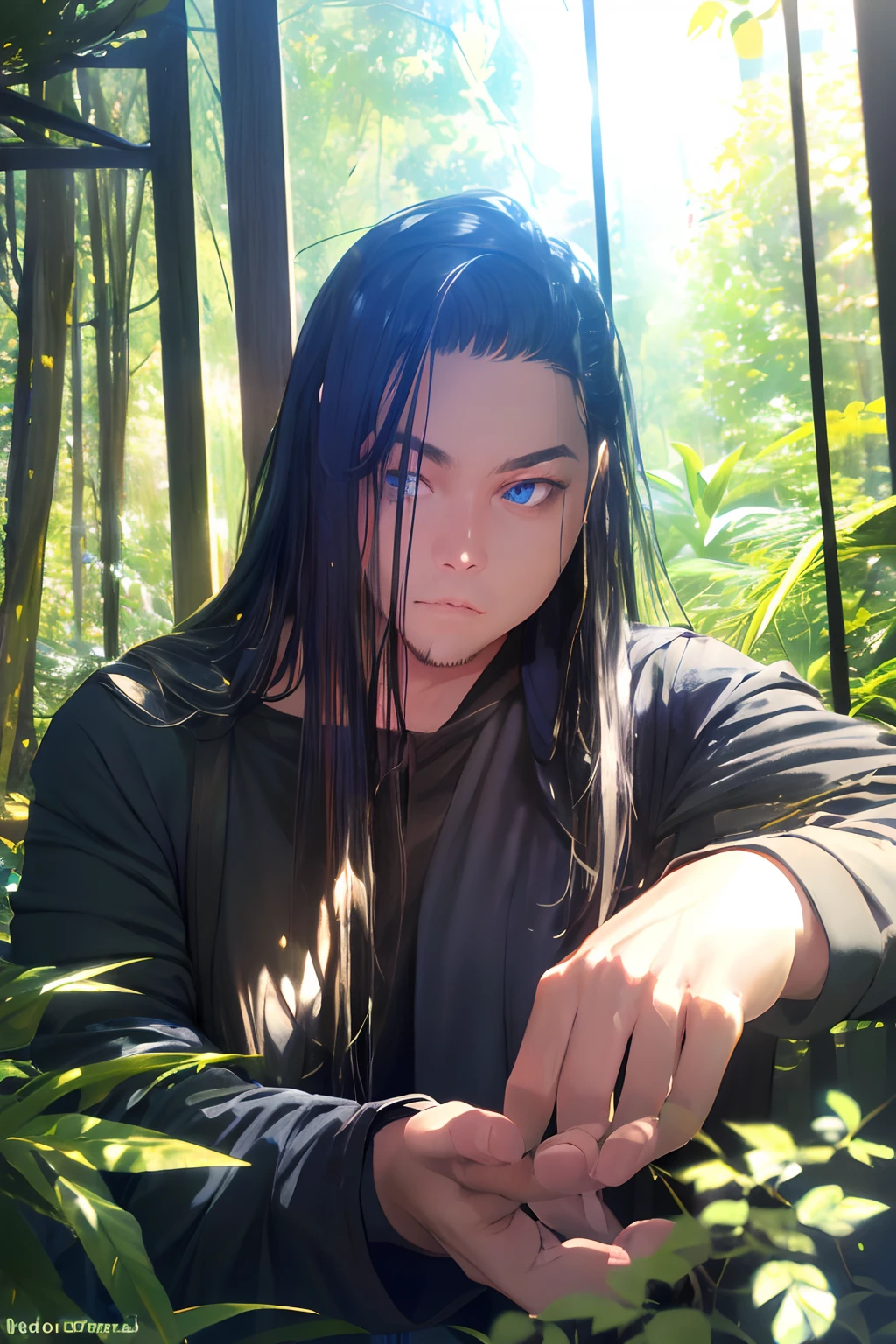 Realistic, (absurderes, A high resolution, Ultra detailed), 1 male, Solo, Tall guy，Handsome, angular jaw, view the viewer, Blue eyes, Long sleeves, forest, trees full of greenery, Fluttering leaves, Natural light and shadow, Jungle exploration, lots of plants, Depth of field, Upper body, frontal,