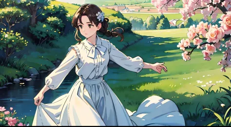 (Watercolor in Sargent style)、(top-quality、​masterpiece)、Soft light、View of the Cotswolds,Old farmhouse、rivulets、flower bloom、One lady、dark brown hair、Braided hair、White blouse and long skirt、picnic、Dancing alone、