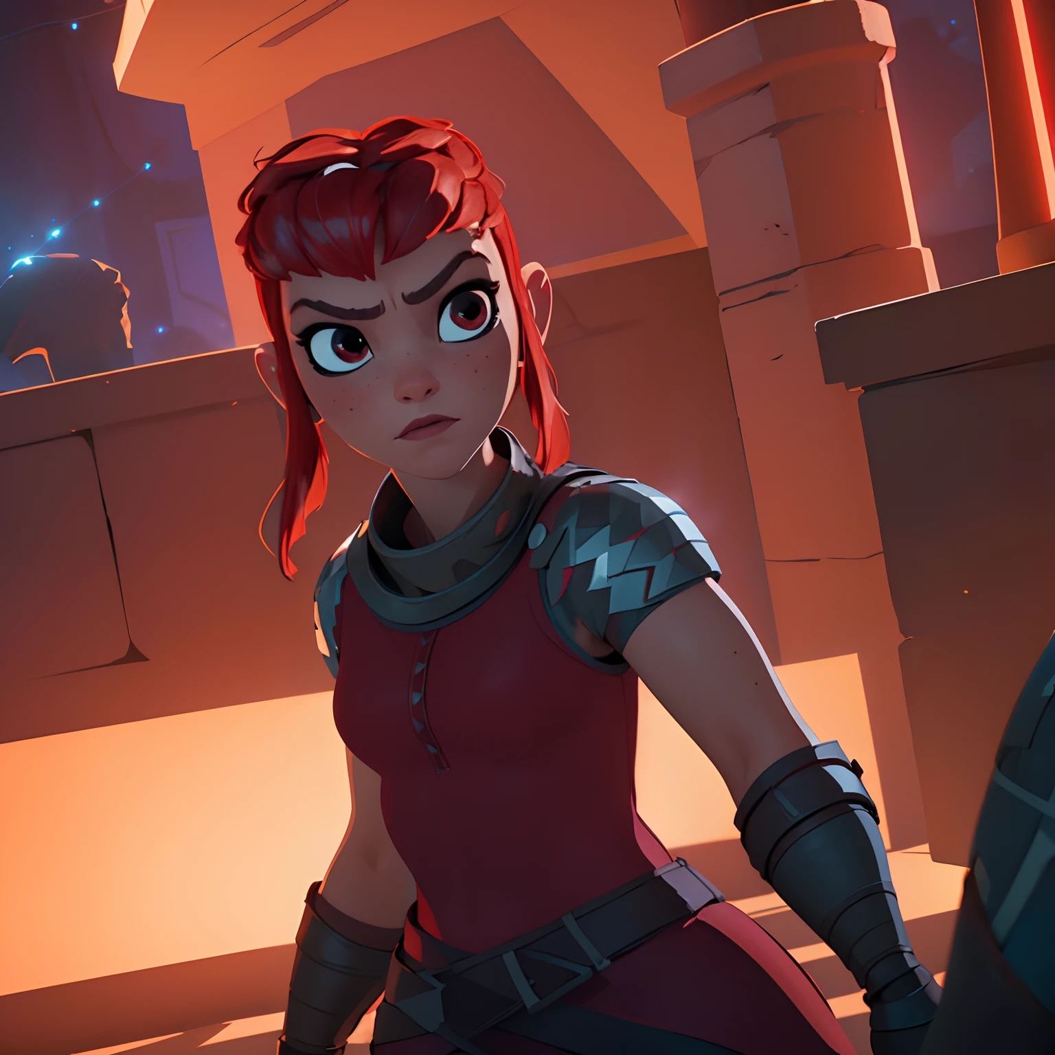 (8k, best lighting, masterpiece, best quality, best luminosity, best shadow, particles, bloom, extra lights, cinematic lights), GlowingRunes_red, nimona, (1girl, solo), brave, standing, focus face, (looking at viewer, red hair, sharp),