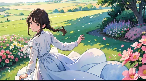 (Watercolor in Sargent style)、(top-quality、​masterpiece)、Soft light、View of the Cotswolds,Old farmhouse、rivulets、flower bloom、One lady、dark brown hair、Braided hair、White blouse and long skirt、picnic、Dancing happily alone on the hill、A delightful、