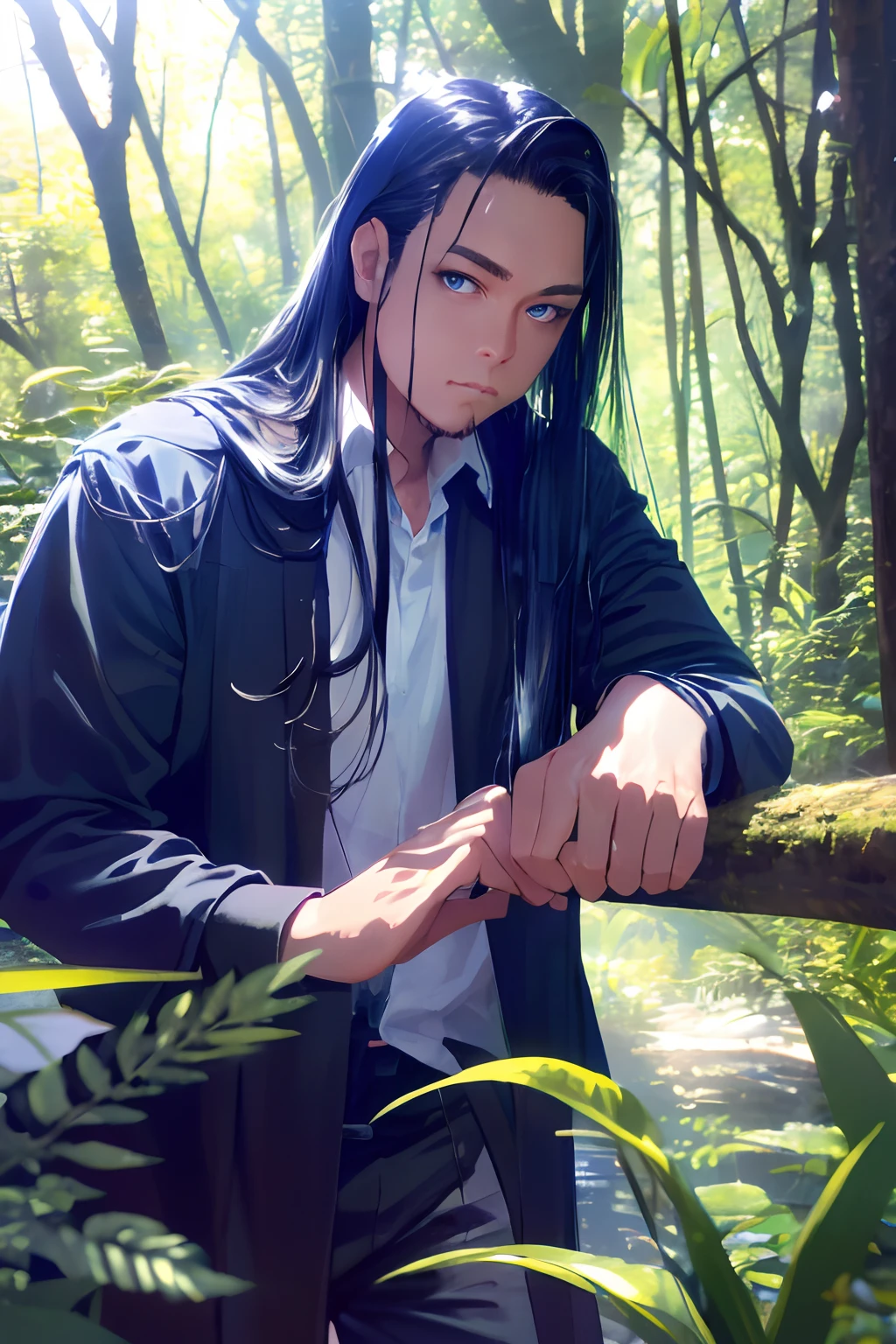 Realistic, (absurderes, A high resolution, Ultra detailed), 1 male, Solo, Tall guy，Handsome, angular jaw, view the viewer, Blue eyes, Long sleeves, forest, trees full of greenery, Fluttering leaves, Natural light and shadow, Jungle exploration, lots of plants, Depth of field, Upper body, frontal,