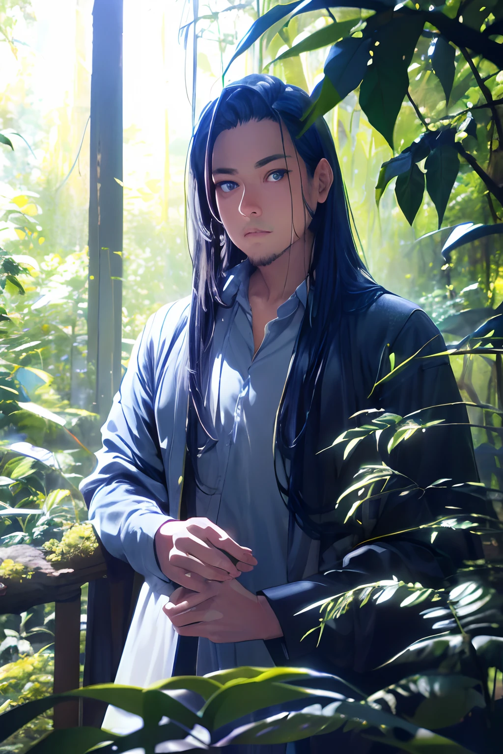 Realistic, (absurderes, A high resolution, Ultra detailed), 1 male, Solo, Tall guy，Handsome, angular jaw, view the viewer, Blue eyes, Long sleeves, forest, trees full of greenery, Fluttering leaves, Natural light and shadow, Jungle exploration, lots of plants, Depth of field, Upper body, frontal,