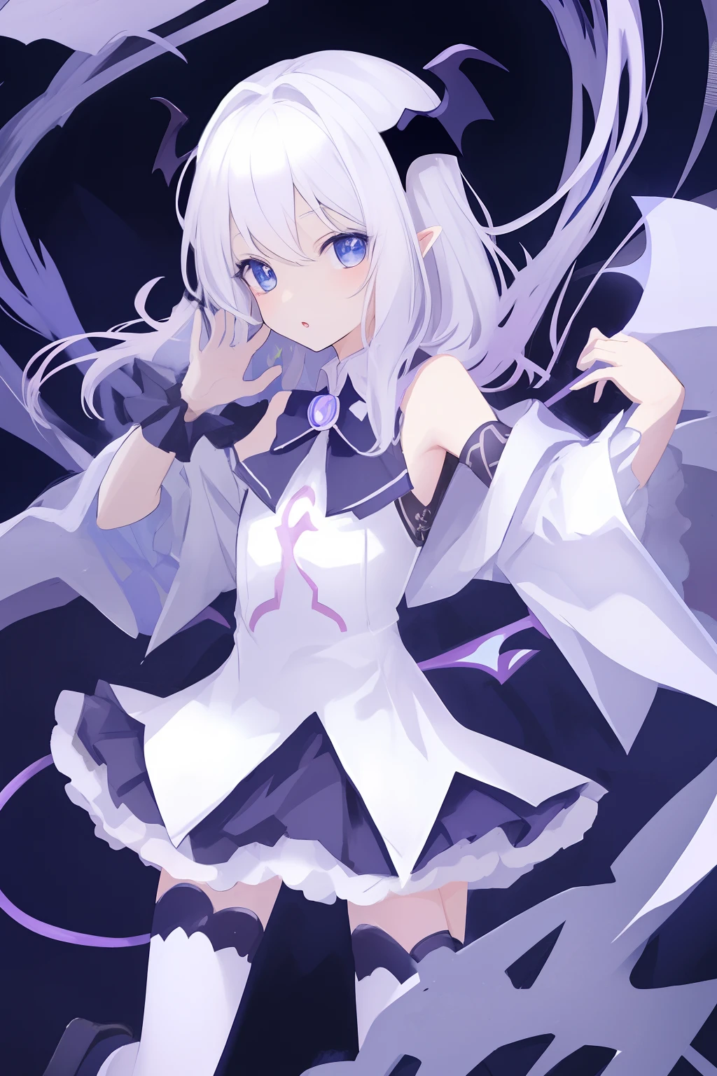 Anime  adorable white hair blue eyes girl demon bat wings horns