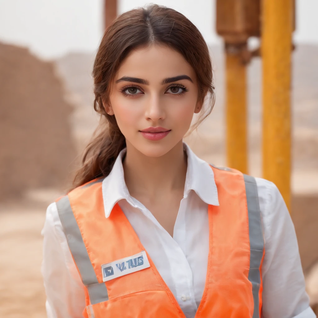 A close up of a woman in an orange vest standing in front of a construction  site - SeaArt AI