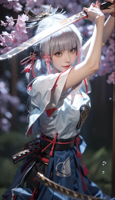 sword, weapon, holding sword, japanese clothes, katana, 1girl, long hair, solo, holding weapon, holding, silver hair, blurry, wh...