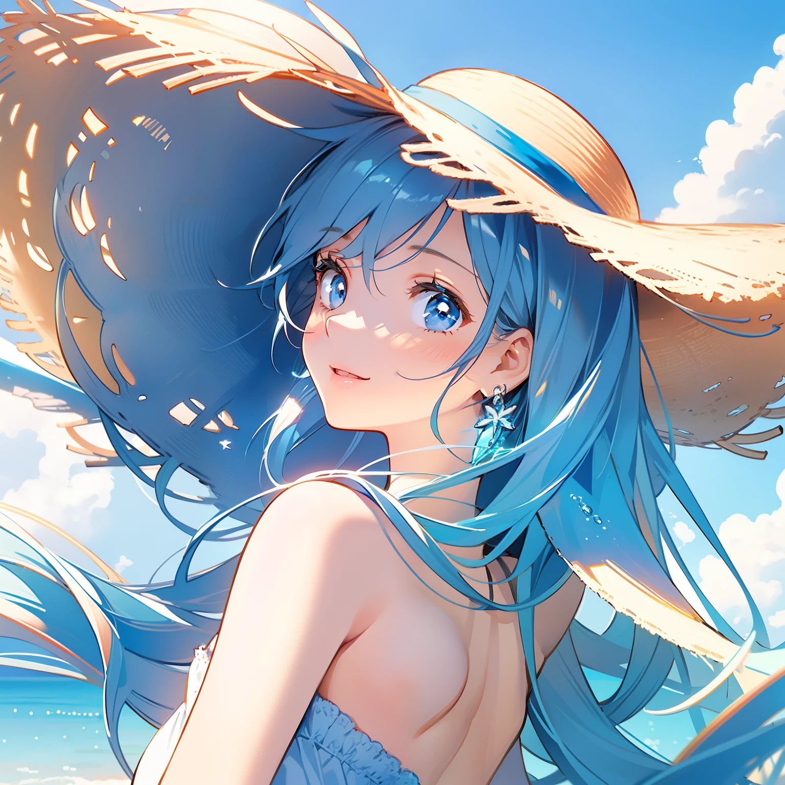 illustratio,The atmosphere of the whole painting is light blue,Woman in straw hat,White Dress,Looking back,Looking up at the sky,breasts are small,The skeleton is also small,huge smile,The background is the beach,Sun on background