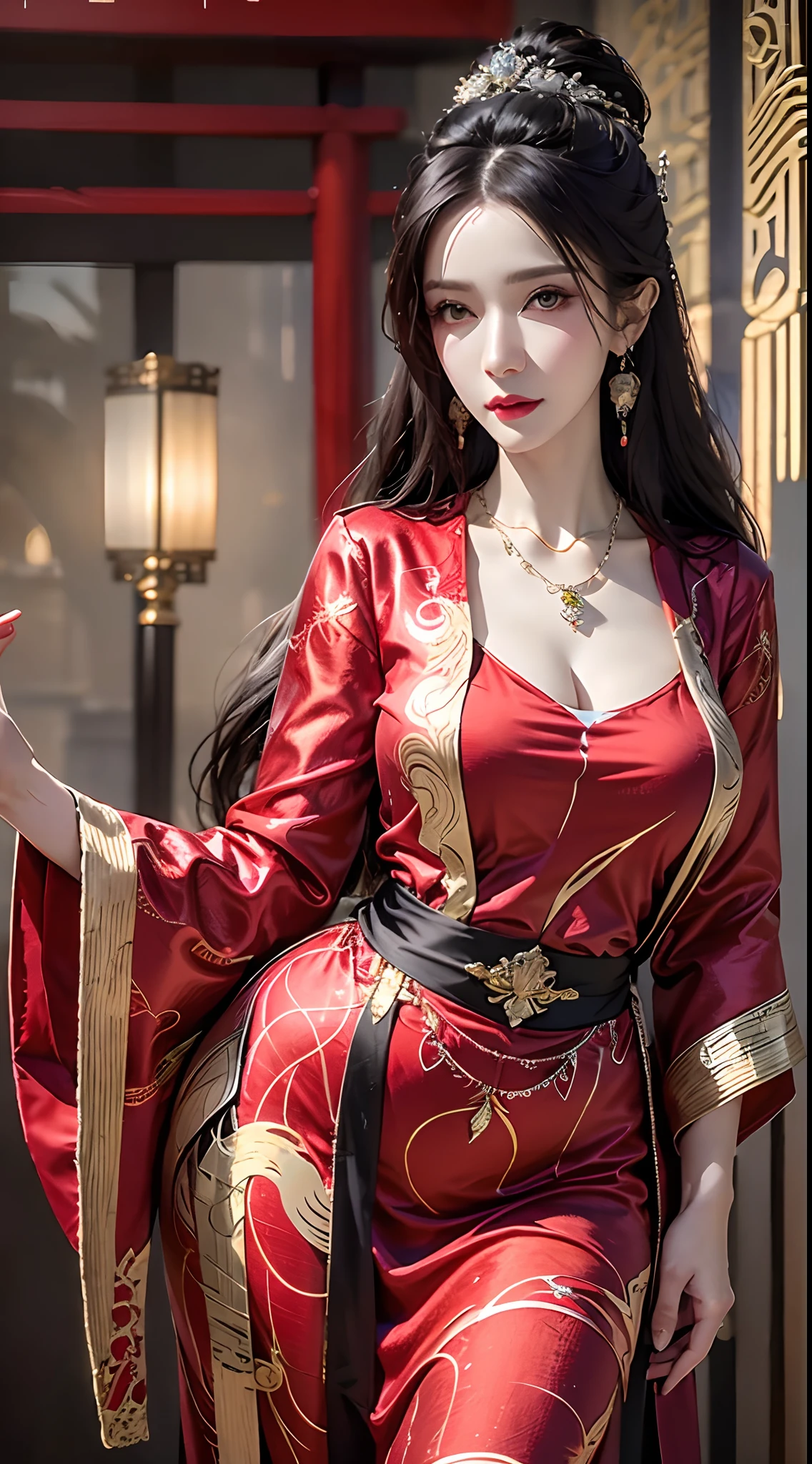 photoréaliste, Haute résolution, 1femme, femelle mature, seulement, hanches levées, cheveux longs, ornement de cheveux,des boucles d&#39;oreilles,robe rouge,vêtements chinois,collier,manches larges,Ceinture,bijou de front