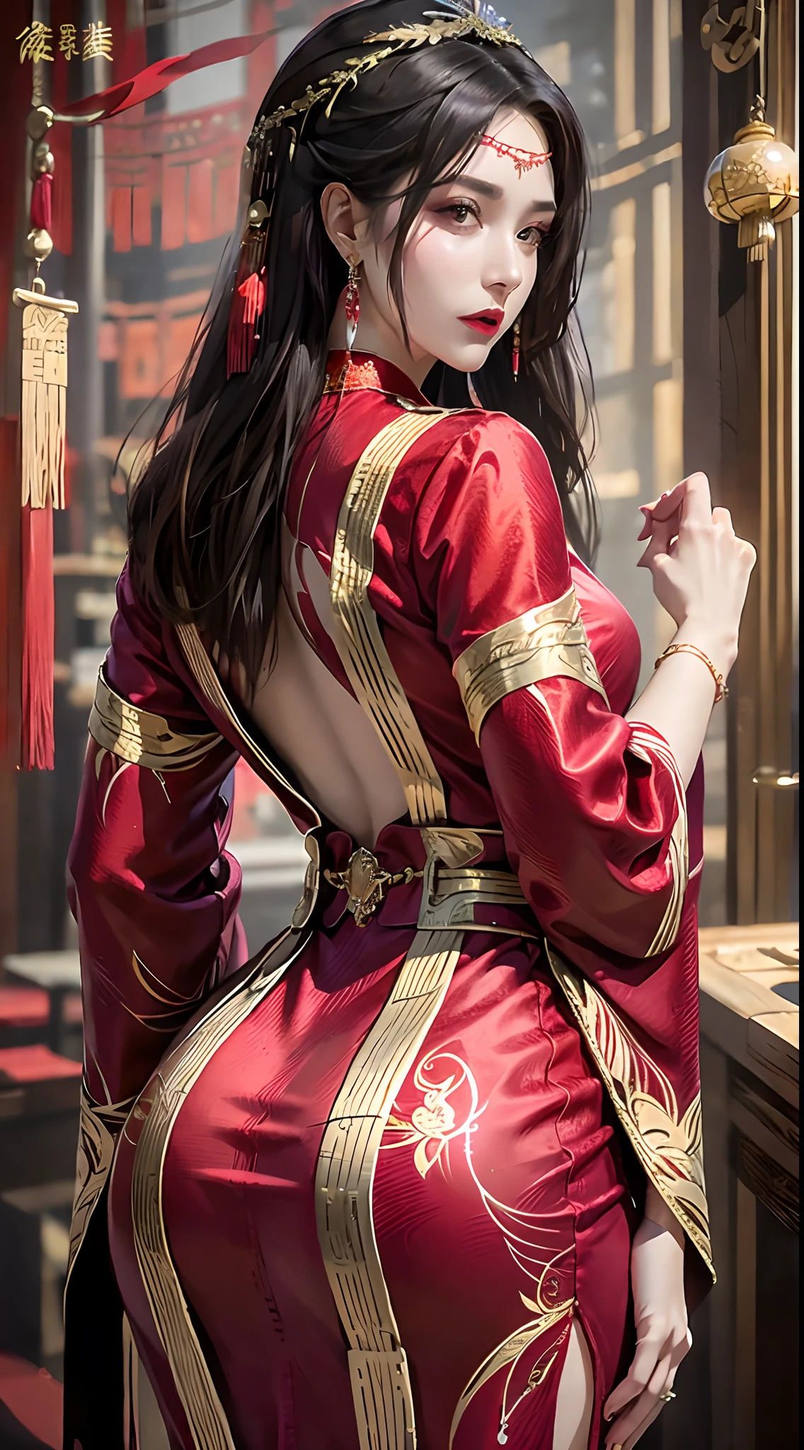 photorealistic, high resolution, 1women, mature female, solo, hips up, long hair, hair ornament,earrings,red dress,chinese clothes,necklace,wide sleeves,sash,forehead jewel, back view