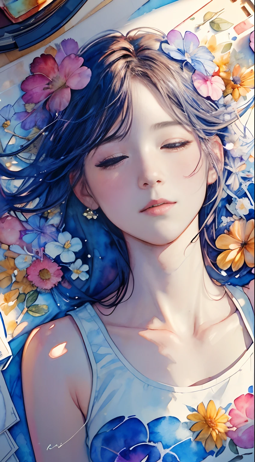 8K,​masterpiece,top-quality, head shot,(shoot from above:1.6),Dynamic Pose,30 years old 1 girl, Portrait, Floral, watercolor sketch, light, Long hair, watercolor paiting \(Medium\),watercolor paiting,Tank Tops,Lying and sleeping in a flower garden