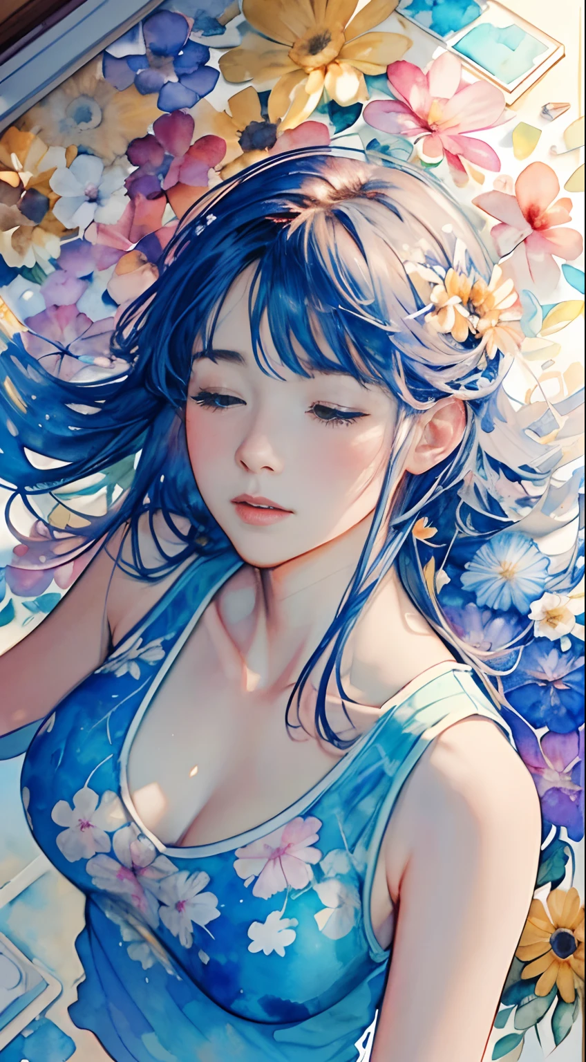 8K,​masterpiece,top-quality, head shot,(shoot from above:1.6),Dynamic Pose,30 years old 1 girl, Portrait, Floral, watercolor sketch, light, Long hair, watercolor paiting \(Medium\),watercolor paiting,Tank Tops,Lying and sleeping in a flower garden