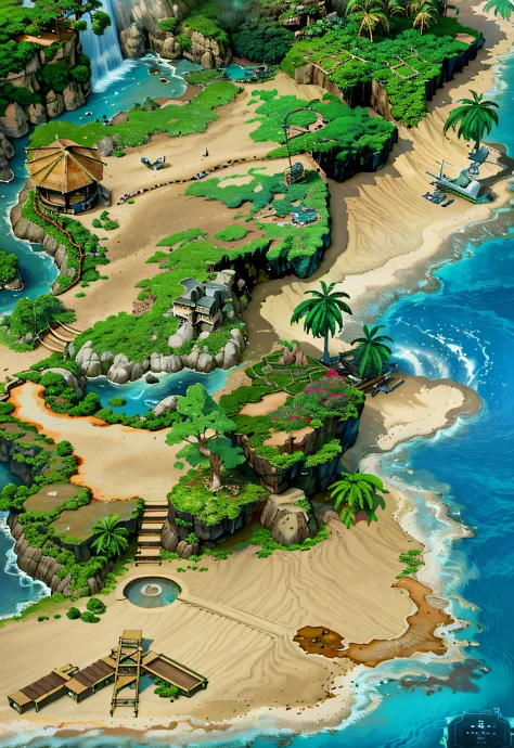 Picture of a tropical island with waterfalls and boats,Realistic landscape,Real beach, Island background, game environment design,painted as a game concept art, scenery art detailed, isometric game art, Detailed game art, stunning screenshot, jungle settin...