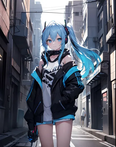 masterpiece,1girl, happy face, long messy blue hair, futuristic glowing headphone, solo, cool pose, hoodie, off shoulder, street, black cool jacket