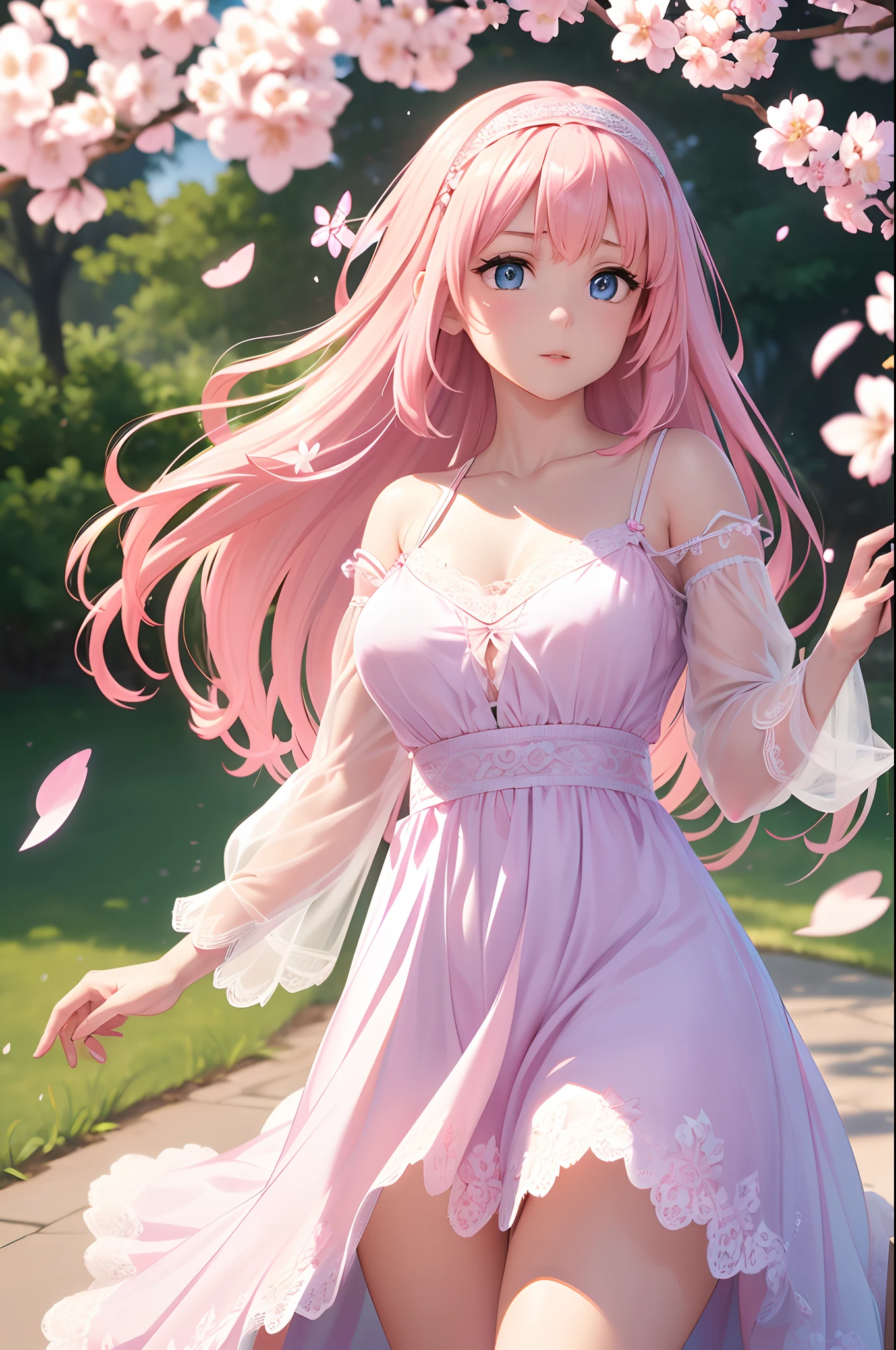 (CG unity 8k wallpaper extremely detailed) (better quality) (better lighting) (an extremely delicate and beautiful) (floating) (beautiful) (spring atmosphere) (1girl) (long pink hair), (hair headband), (detailed and beautiful blue eyes), ((very short white dress, pink lace underside), (lace), ((light transparent silk))), (cherry blossom petals), (butterflies), (dof), (volumetric light) cinematic lighting, chromatic aberration, Sony FE GM, textured skin, high details, highres, 8k