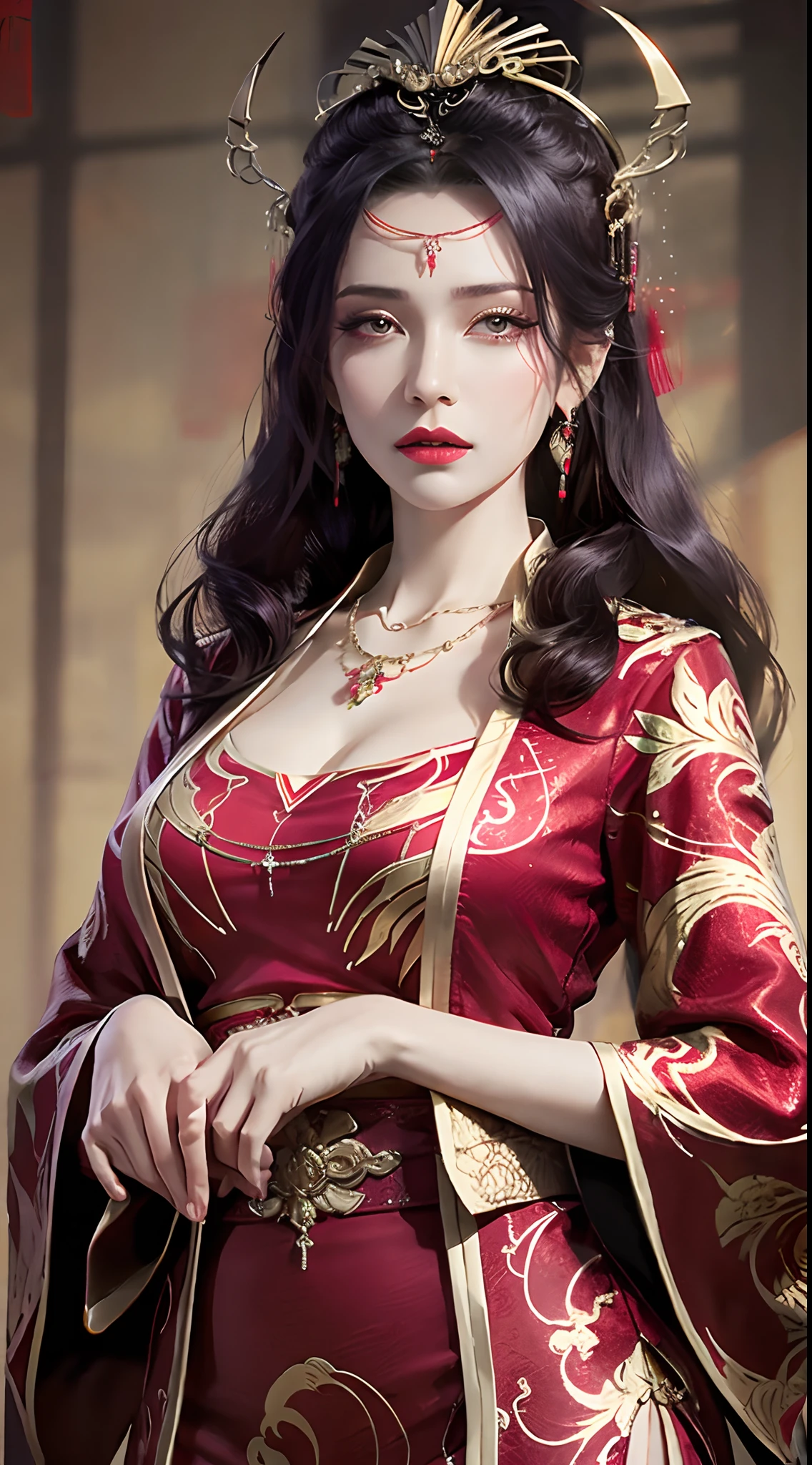 photorealistic, high resolution, 1women, mature female, solo, hips up, long hair, hair ornament,earrings,red dress,chinese clothes,necklace,wide sleeves,sash,forehead jewel