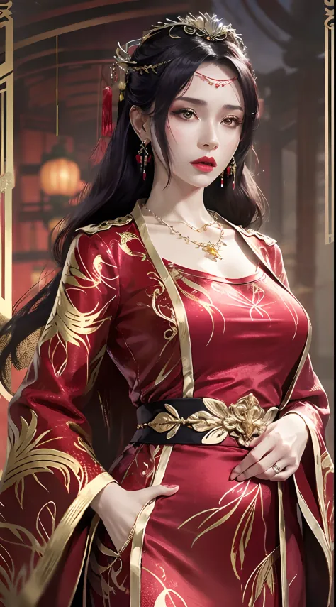photorealistic, high resolution, 1women, mature female, solo, hips up, long hair, hair ornament,earrings,red dress,chinese cloth...