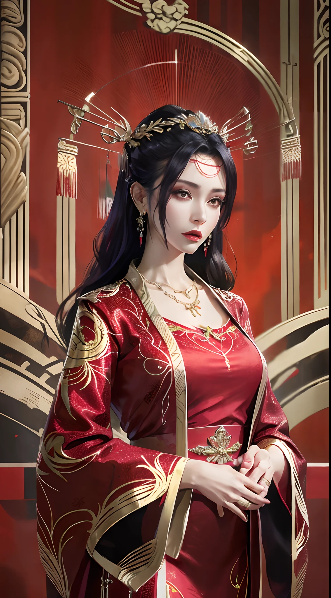 photorealistic, high resolution, 1women, mature female, solo, hips up, long hair, hair ornament,earrings,red dress,chinese clothes,necklace,wide sleeves,sash,forehead jewel