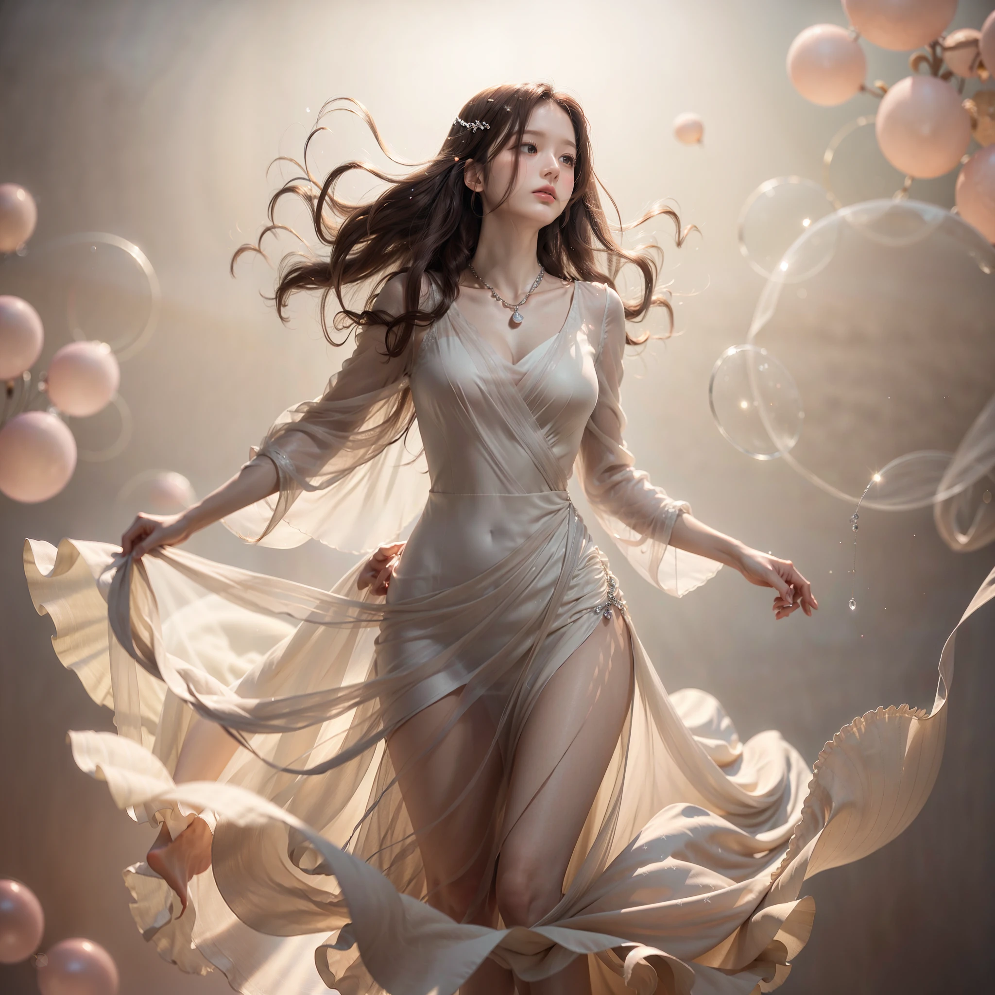 (A high resolution:1.2),Invisible Woman,Clothing,floating dress,Feminine silhouette,elegant,A-line skirt,Soft fabric,Subtle floral pattern,Ethereal,graceful movements,Long sleeves at fingertips,Long flowing hair,Loose waves,Dark brown hair,Delicate silver pendant necklace,Lightweight and ventilated,Colorful background,soft and muted colors,subtly lit,Soft shadows