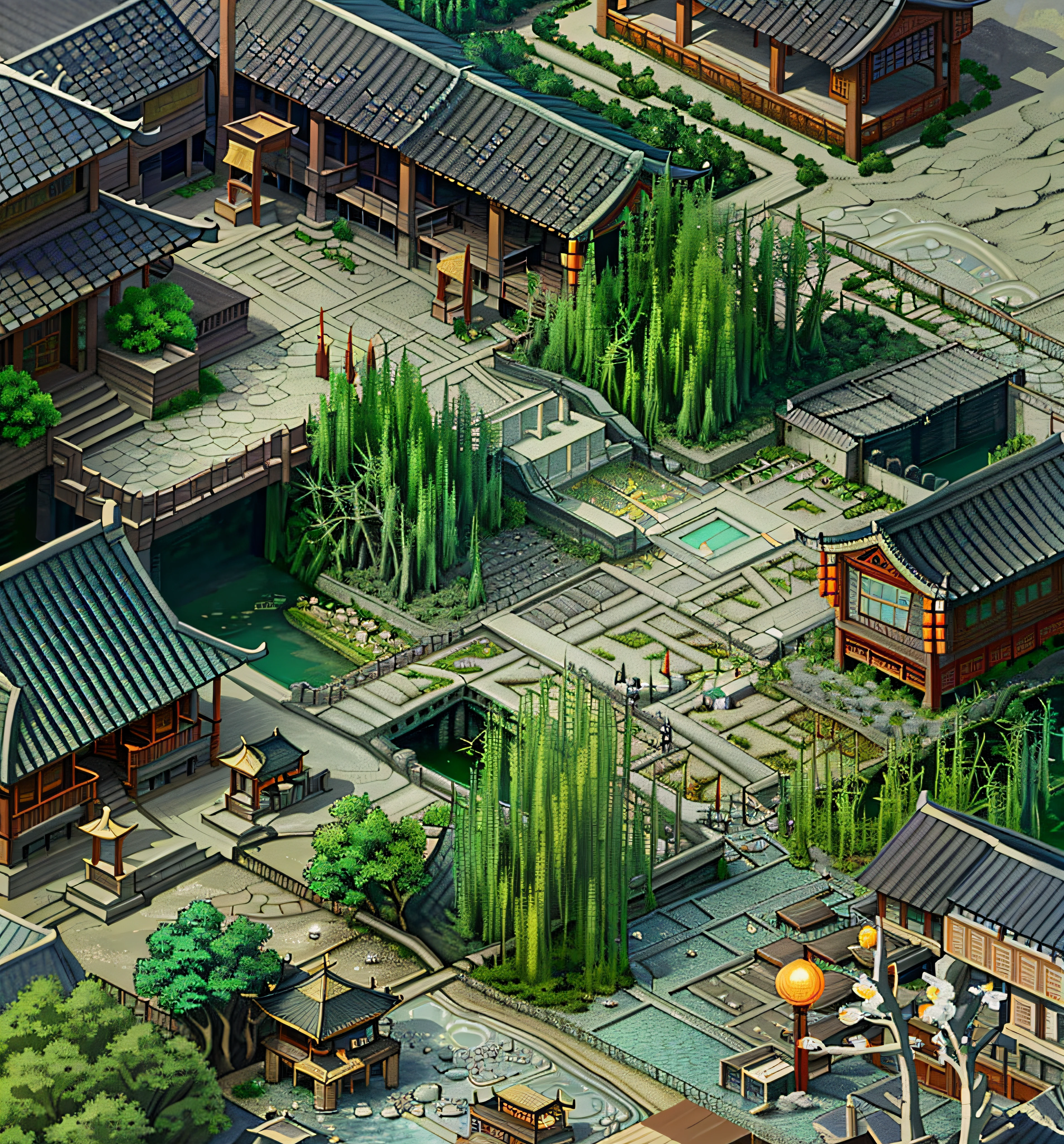 A close-up of a town with a lot of buildings, Chinese village, Beautiful rendering of the Tang Dynasty, old asian village, inspired by Dong Yuan, inspired by Zhang Sengyao, ancient city landscape, dreamy Chinese towns, isometric game asset, isometric game art
