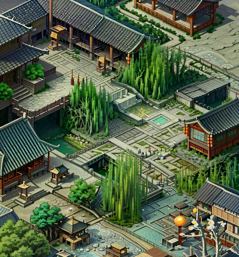 A close-up of a town with a lot of buildings, Chinese village, Beautiful rendering of the Tang Dynasty, old asian village, inspi...