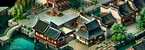 A close-up of a town with a lot of buildings, Chinese village, Beautiful rendering of the Tang Dynasty, old asian village, inspired by Dong Yuan, inspired by Zhang Sengyao, ancient city landscape, dreamy Chinese towns, isometric game asset, isometric game ...