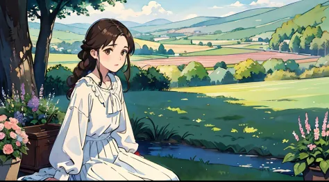 (Watercolor in Sargent style)、(top-quality、​masterpiece)、Soft light、View of the Cotswolds,Old farmhouse、rivulets、flower bloom、One lady、dark brown hair、Braided hair、White blouse and long skirt、picnic、sings、troubadour、opera、