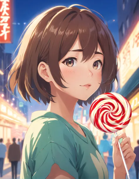 (Best quality,Ultra-detailed,Realistic:1.37),A girl with short hair holds a lollipop to completely cover her face,illustration,Pastel colors,Stylized lighting,Bokeh