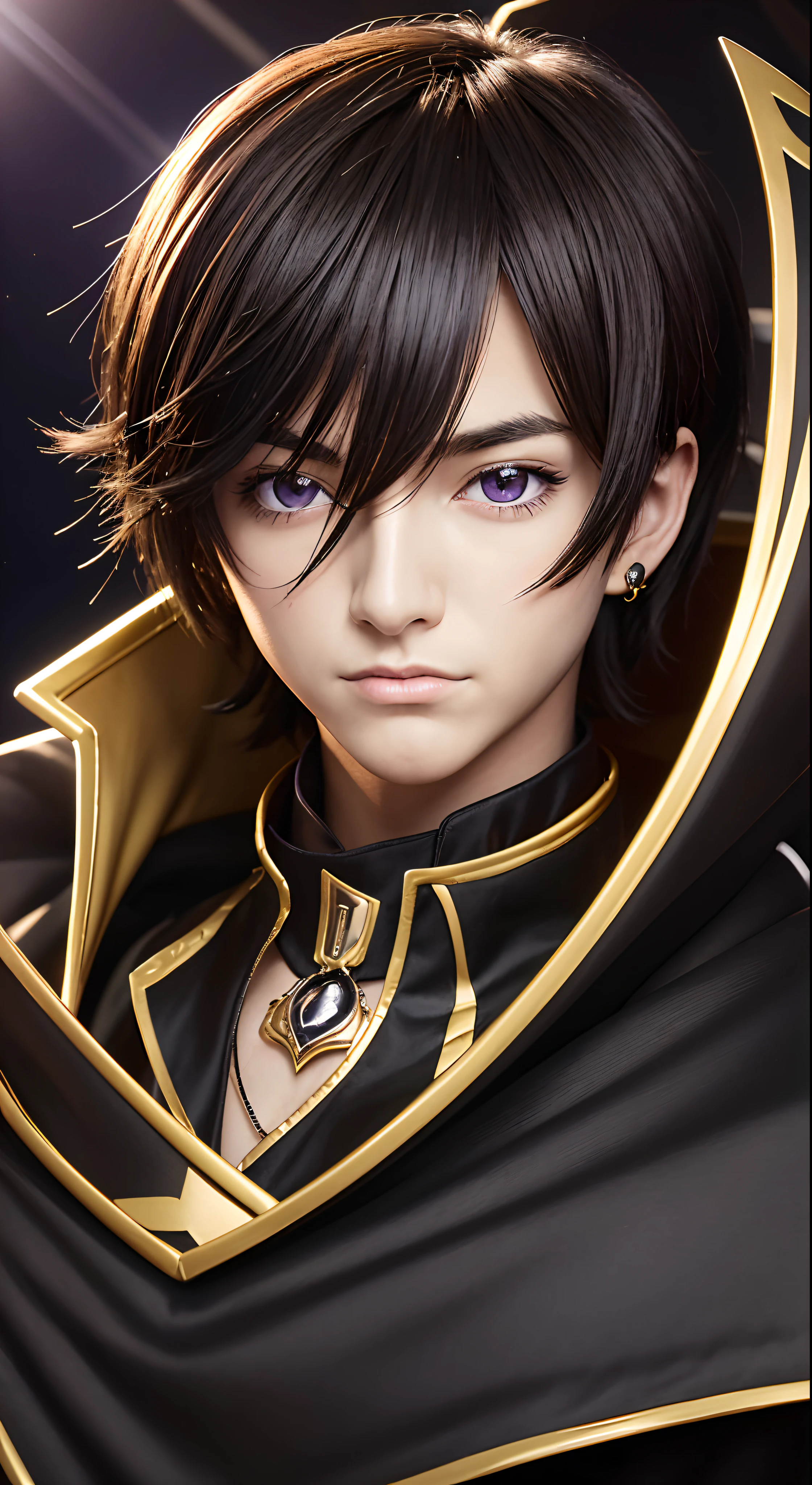 Black and yellow costume,Black Cape,Cape, chain-link_fence, coat,gloves,
Lelouch_Lamperouge,Jewelry,Pedras preciosas,
Black_hair,Purple_Eyes,earrings,Short hair, Purple light in their eyes ,
1 man, 20yr old,Man's,Beautiful FingerBeautiful body,Beautiful nose,Beautiful character design, Perfect eyes, Perfect face,
Looking at Viewer,angry, 
NSFW,Official art,Highly detailed CG Unity 8k wallpaper, Perfect Lighting,Colorful, Bright_front_Face_Lighting,
(masutepiece:1.0),(best_quality:1.0), 超A high resolution,4K,Ultra-detailed,Lens Flare, A smile, realisitic,boy