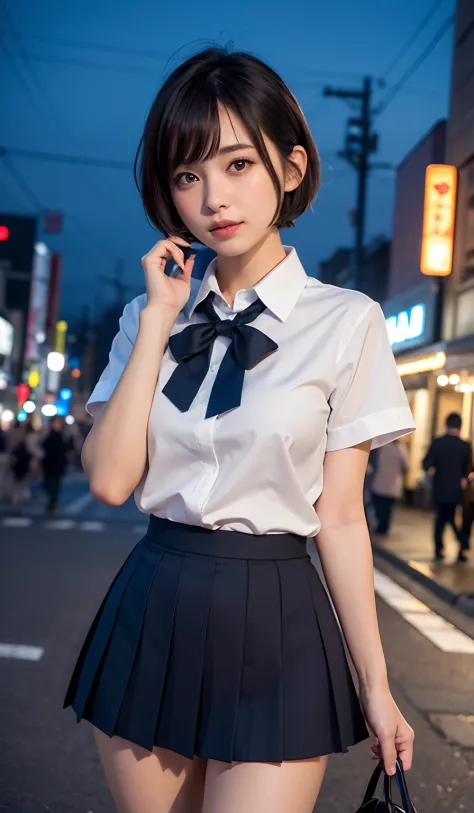 (8k, RAW photo, best quality, masterpiece:1.2), (realistic, photo-realistic:1.37), ultra-detailed,
1 girl,cute, solo,beautiful detailed sky,detailed tokyo street,night,
medium breasts,beautiful detailed eyes,(collared shirt:1.1), bowtie,pleated skirt,(shor...