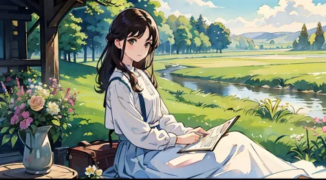 (Watercolor in Sargent style)、(top-quality、​masterpiece)、Soft light、View of the Cotswolds,Old farmhouse、rivulets、flower bloom、One lady、dark brown hair、Braided hair、White blouse and long skirt、picnic、Draw a picture、sketchbook、