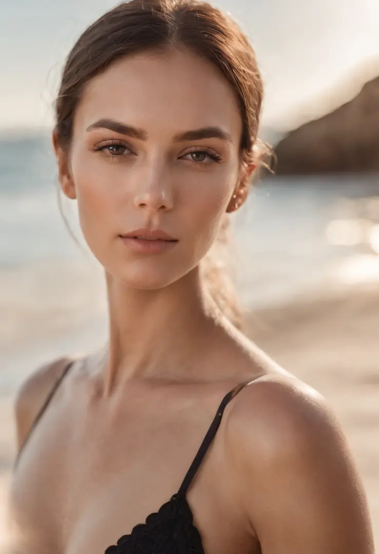A stunning close-up portrait of a sultry model basking in the golden afternoon sun, wearing a sleek and perfectly fitted black bikini. Her smooth skin glistens, accentuating her radiant beauty. The photograph captures every intricate detail - from the intr...
