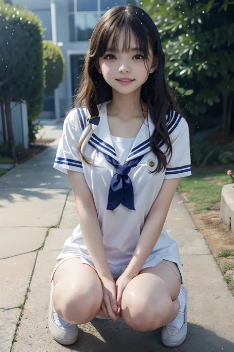 NSFW, 8k RAW photo, （（Sailor School Uniform））top-quality, ​masterpiece,kawaii faces、dual、 A smile、kawaii faces、超A high resolution, film grains, filmg, 1girl in, looking at the viewers, natural skin textures, realistic eyes and face details, Perfect tooth a...