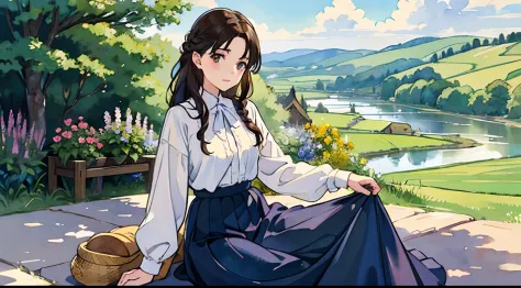 (Watercolor in Sargent style)、(top-quality、​masterpiece)、Soft light、View of the Cotswolds,Old farmhouse、rivulets、flower bloom、One lady、dark brown hair、Braided hair、White blouse and long skirt、picnic、Playing by the river、Lift the bottom of the skirt、